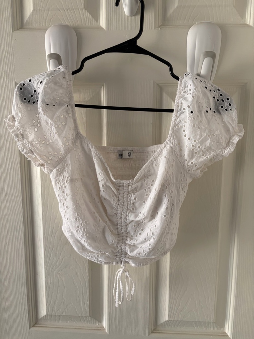 Hollister White Eyelet Drawstring Puff-Sleeve Crop Top